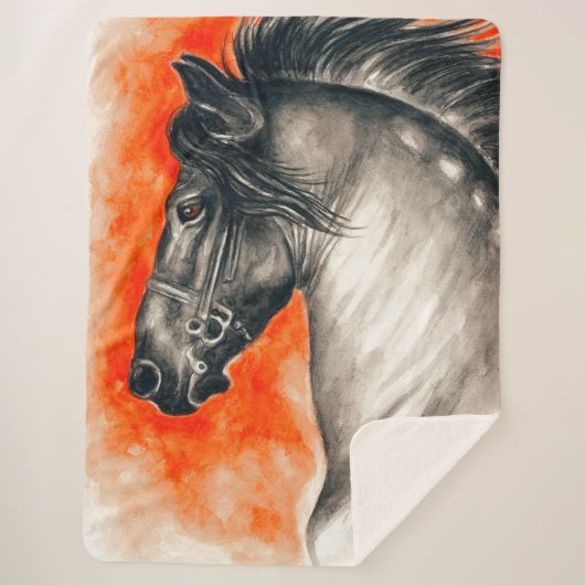 Waterverf van Friesian Beauty Black Horse Art Sherpa Deken (Voorkant)