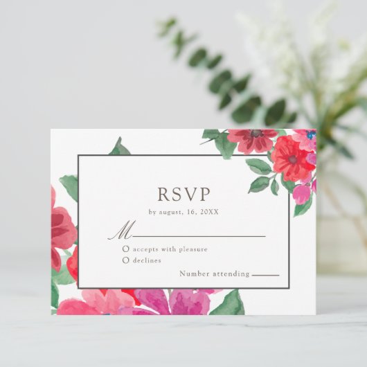 Waterverf van Fuchsia Floral Wedding RSVP (Staand voorkant)