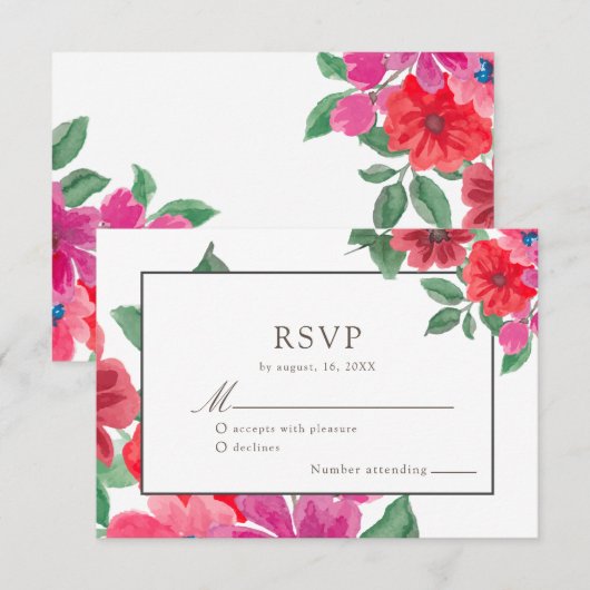 Waterverf van Fuchsia Floral Wedding RSVP (Voorkant / Achterkant)