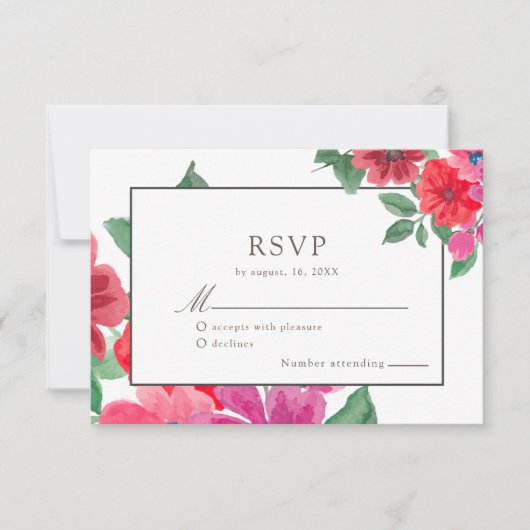 Waterverf van Fuchsia Floral Wedding RSVP Kaartje (Voorkant)