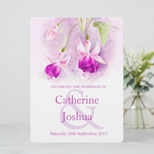 Waterverf van Fuchsia paars roze bruiloft Kaart (Staand voorkant)