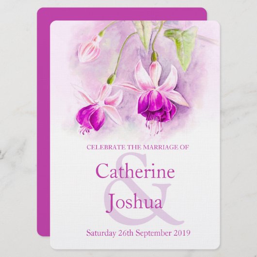 Waterverf van Fuchsia paars roze bruiloft Kaart (Voorkant / Achterkant)