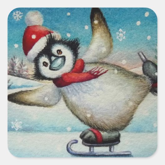 Waterverf van gedenkpenguin-ijsschaatsen vierkante sticker (Voorkant)