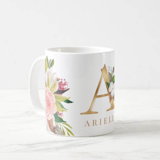 Waterverf van goudmonogram koffiemok (Voorkant links)