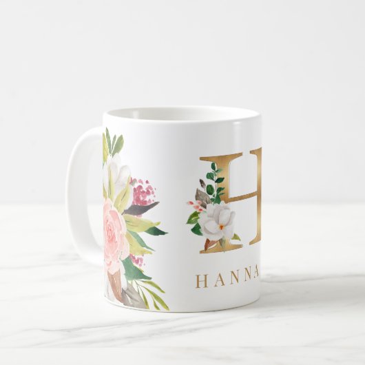 Waterverf van goudmonogram koffiemok (Voorkant links)