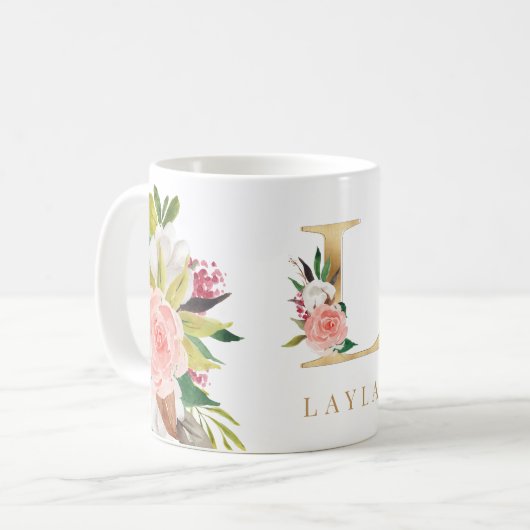 Waterverf van goudmonogram koffiemok (Voorkant links)