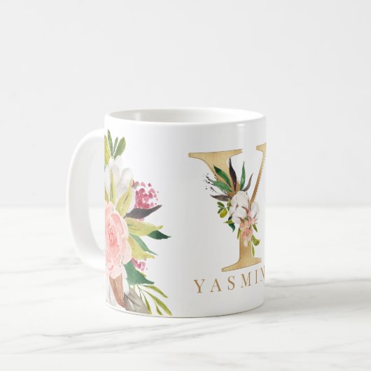 Waterverf van goudmonogram koffiemok (Voorkant links)