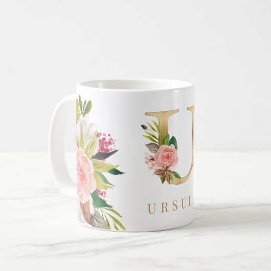 Waterverf van goudmonogram koffiemok (Voorkant links)