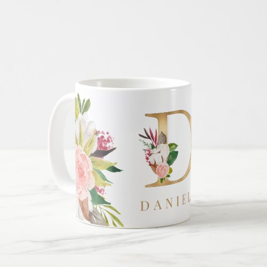 Waterverf van goudmonogram koffiemok (Voorkant links)