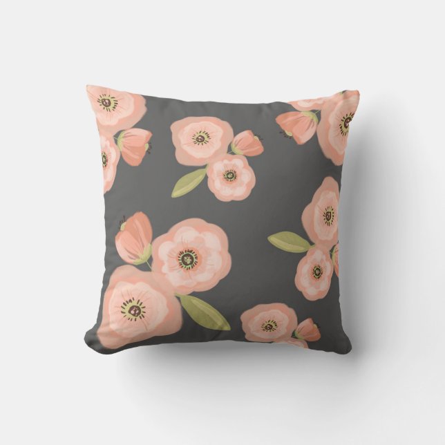 Waterverf van grijs en roze Floral Sierkussen (Voorkant)