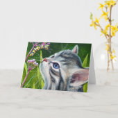 Waterverf van grijze Tabby Kitten en Caterpillar Kaart (Gele Bloem)