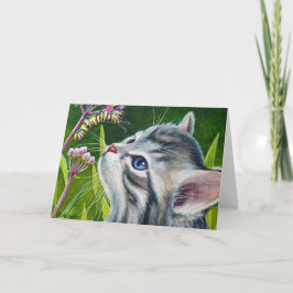 Waterverf van grijze Tabby Kitten en Caterpillar Kaart