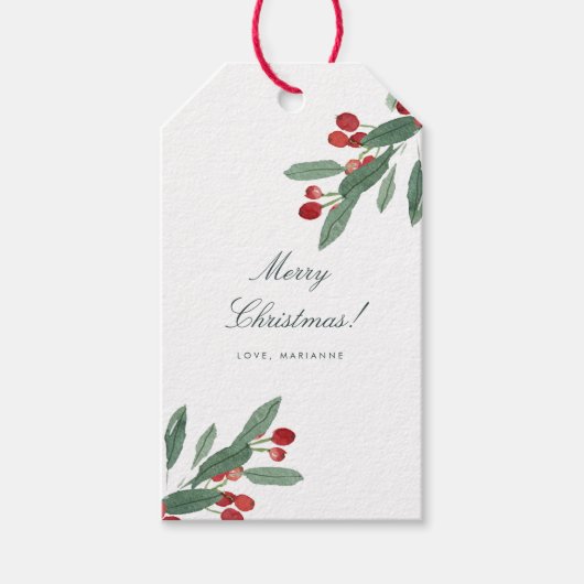 Waterverf van groene en rode bladeren en bessen cadeaulabel (Voorkant)