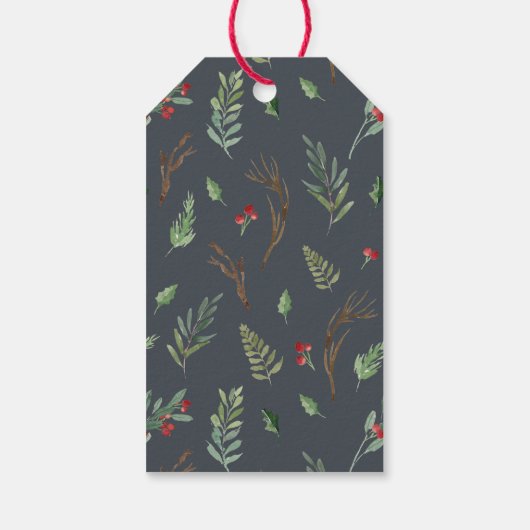 Waterverf van groene en rode bladeren en bessen cadeaulabel (Achterkant)