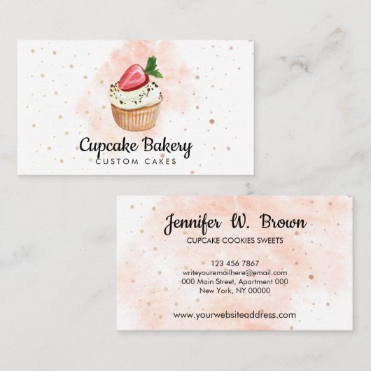 Waterverf van het bakkergebak Aardbei Cupcake Visitekaartje (Voorkant / Achterkant)