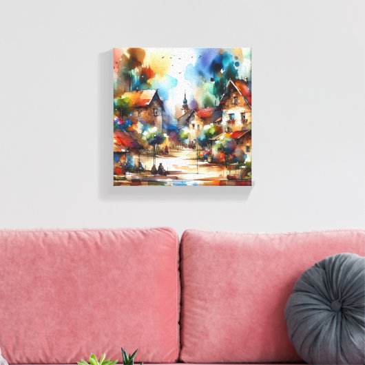 waterverf van het dorp canvas afdruk (Insitu (Woonkamer))