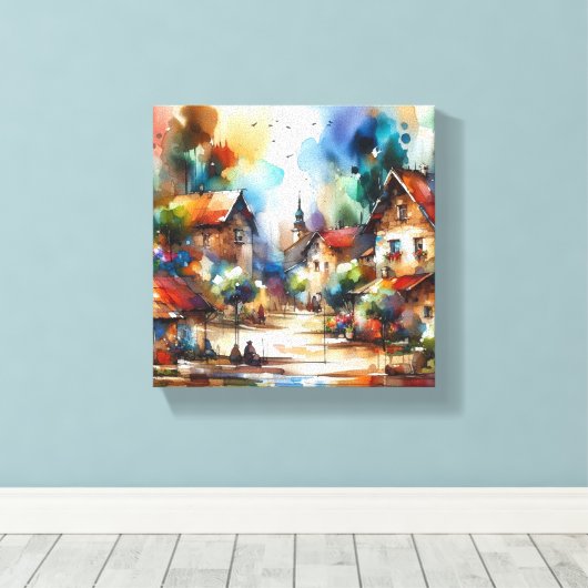 waterverf van het dorp canvas afdruk (Insitu (Houten vloer))