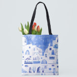 Waterverf van het Griekse eiland Santorini Tote Bag<br><div class="desc">Waterverf blauw en witte tuinschilderij op het Griekse eiland Santorini.</div>