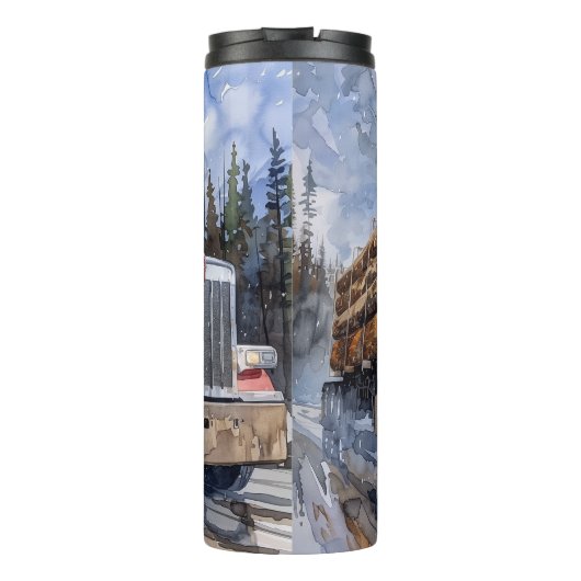 Waterverf van het winterbos van de houtwagen thermosbeker (Achterkant)