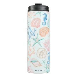 Waterverf van het Zee van de oceaan - zeehellen en Thermosbeker