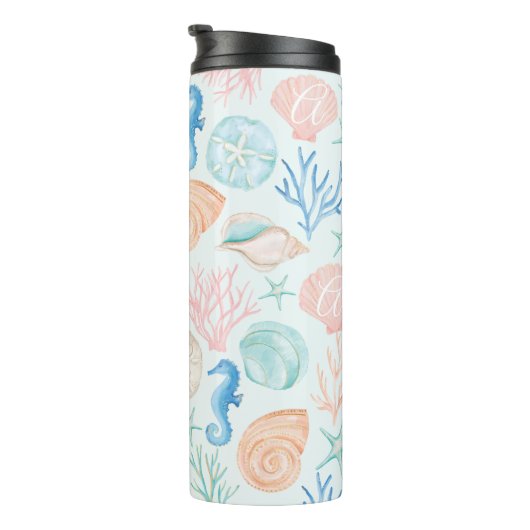 Waterverf van het Zee van de oceaan - zeehellen en Thermosbeker (Geroteerd rechts)