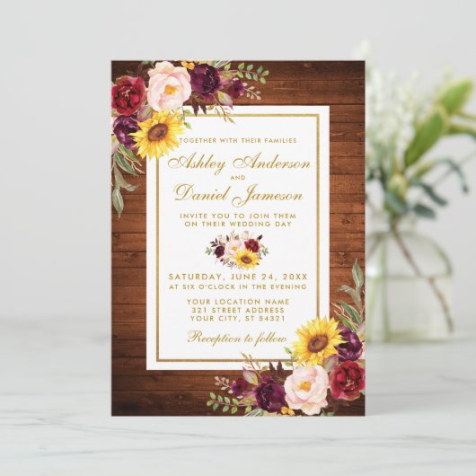 Waterverf van hout - Floral Gold Lijst bruiloft Kaart (Staand voorkant)