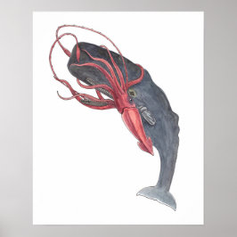 Waterverf van inktvis en walvis Kunst afdrukken Poster