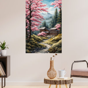 Waterverf van Japanese Cherry Blossom Mountain For Poster