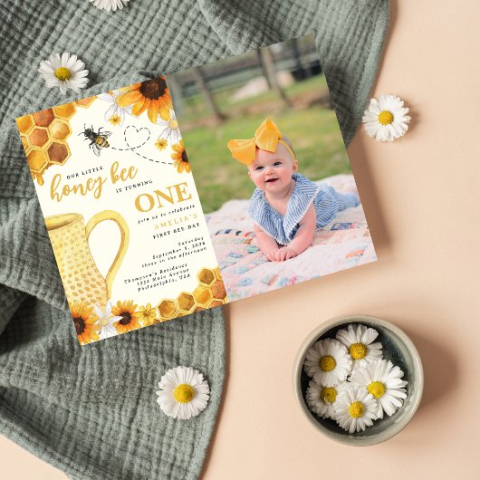Waterverf van kleine honingbijen 1e verjaardag Fot Uitnodiging Briefkaart