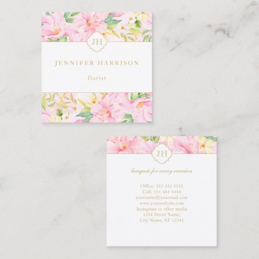Waterverf van kleurrijk Floral Monogram botanische Vierkante Visitekaartje (Voorkant / Achterkant)