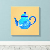 Waterverf van kleurrijke blauwe teapot canvas afdruk (Insitu (Houten vloer))