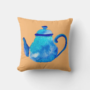 Waterverf van kleurrijke blauwe teapot kussen