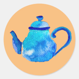 Waterverf van kleurrijke blauwe teapot ronde sticker