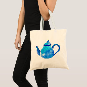Waterverf van kleurrijke blauwe teapot tote bag