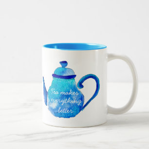 Waterverf van kleurrijke blauwe teapot tweekleurige koffiemok