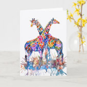 Waterverf van kleurrijke regenboogGiraffes Kaart (Gele Bloem)
