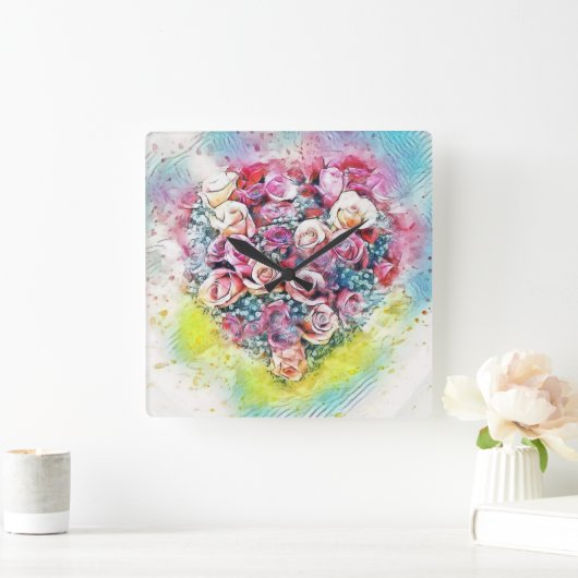  Waterverf van kleurrijke Rozen Hart Vierkante Klok (Huis)
