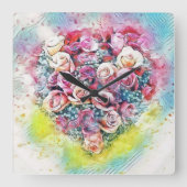  Waterverf van kleurrijke Rozen Hart Vierkante Klok (Voorkant)