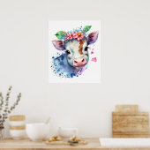 Waterverf van koe boerderijdier bloemen en vlinder poster (Keuken)