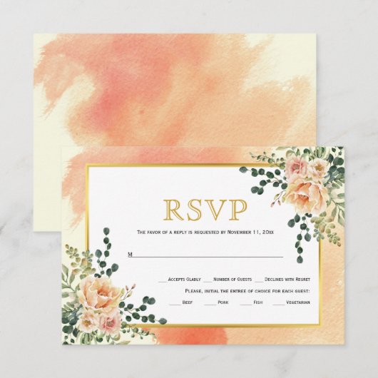 Waterverf van koraalperziken bloemen bloemen RSVP kaartje (Voorkant / Achterkant)