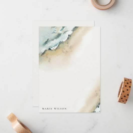 Waterverf van kustvaart Zee Waves Sand Beach Notitiekaartje (Voorkant / Achterkant in situ)