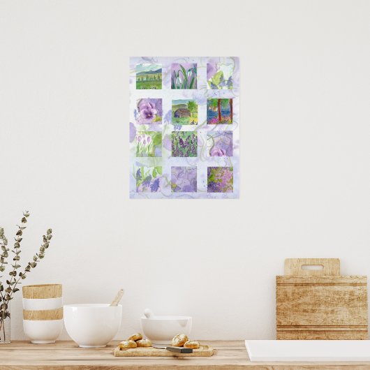 Waterverf van lavender Fields bloem collage art Poster (Keuken)