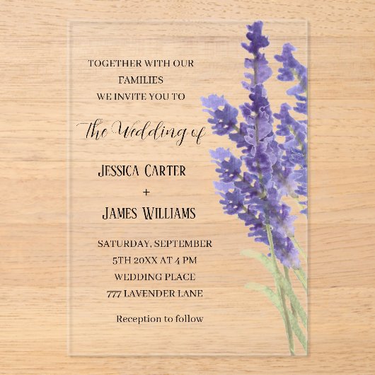 Waterverf van Lavender Rustic Elegant Wedding Acryl Uitnodigingen (Voorkant)