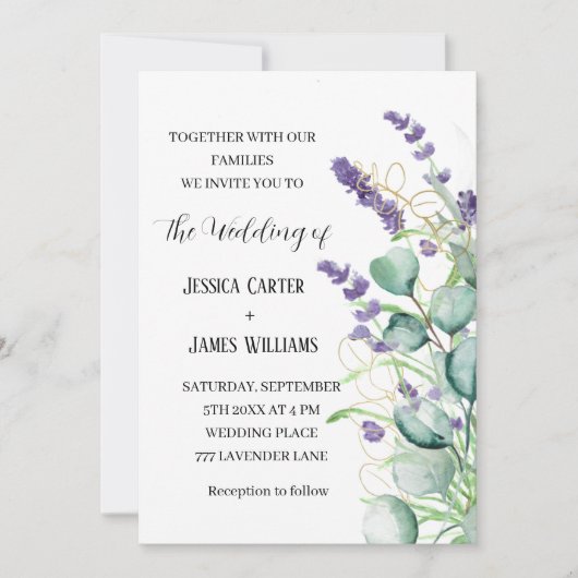 Waterverf van Lavender Rustic Eucalyptus Wedding Kaart (Voorkant)