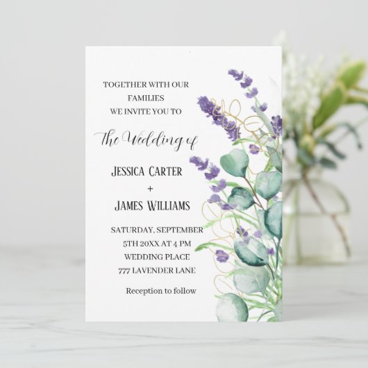 Waterverf van Lavender Rustic Eucalyptus Wedding Kaart (Staand voorkant)