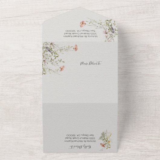 Waterverf van lichte en luchtvochtige wilde bloeme all in one uitnodiging (Buitenkant)