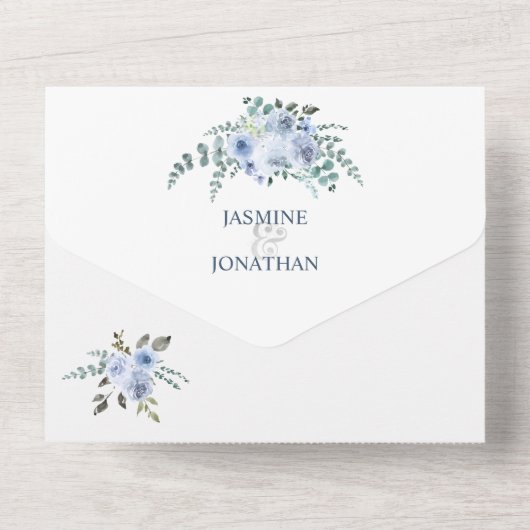 Waterverf van Light Blue en Navy Floral | All In One Uitnodiging (Achterkant)