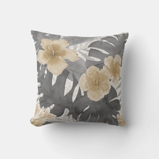 Waterverf van Luana Tropische grijze Floral omkeer Buitenkussen (Voorkant)