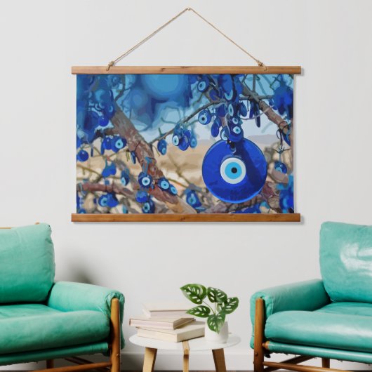 Waterverf van met nazars gedecorbeerde bomen hangend wandkleed (Woonkamer)