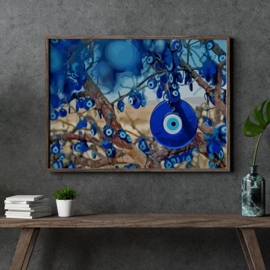 Waterverf van met nazars gedecorbeerde bomen poster